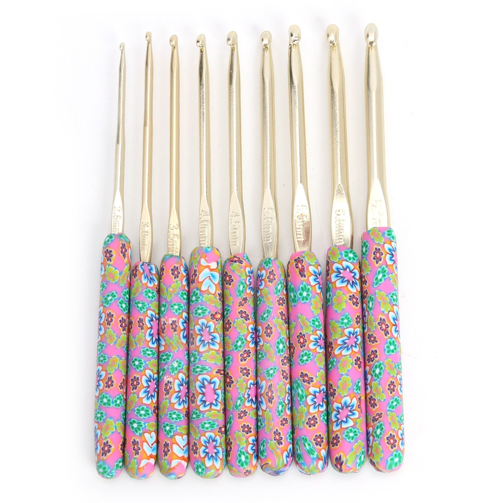 Floral Crochet Hook Set with Ceramic Handle - 9pcs